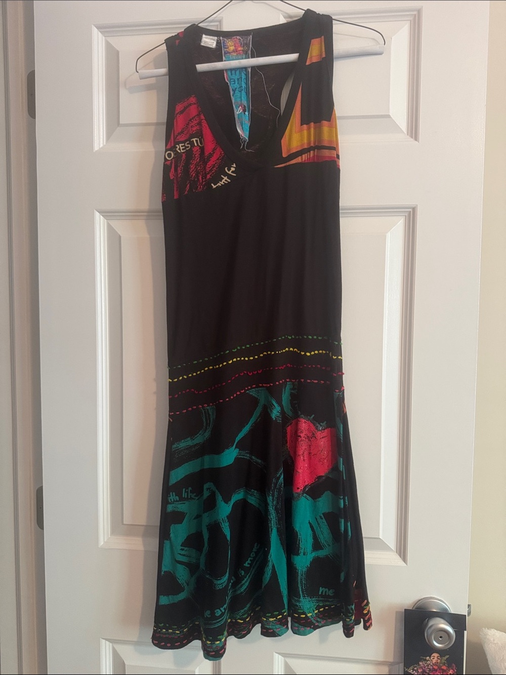 Desigual Sleeveless Black Dress with Teal & Red Graphic Print